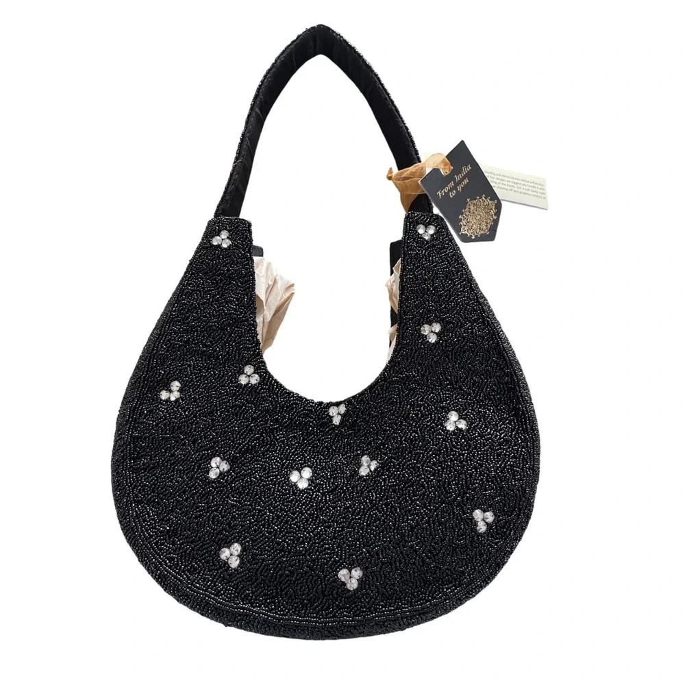 Handcrafted Beaded Hobo Bag with Crystal Embellishments Black‎ Red India